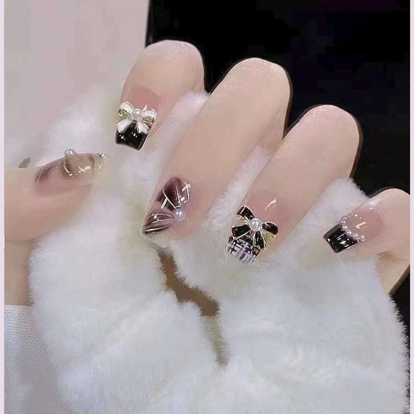 24Pcs/Set Nail Art Fake Nails with Diamonds Pink Silver Glitter Wearing Reusable False Nails Long Ballerina Press on Nail Tips - KIMLUD