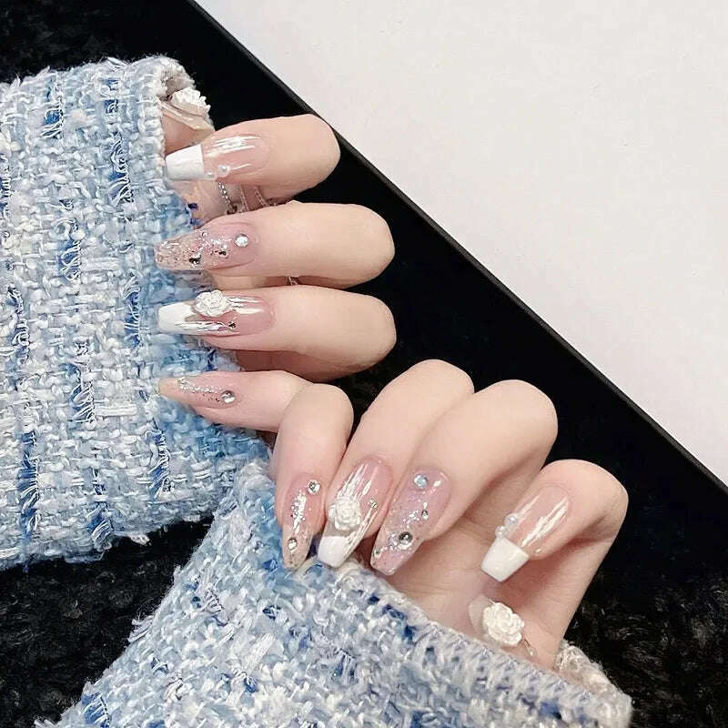 24Pcs/Set Nail Art Fake Nails with Diamonds Pink Silver Glitter Wearing Reusable False Nails Long Ballerina Press on Nail Tips - KIMLUD