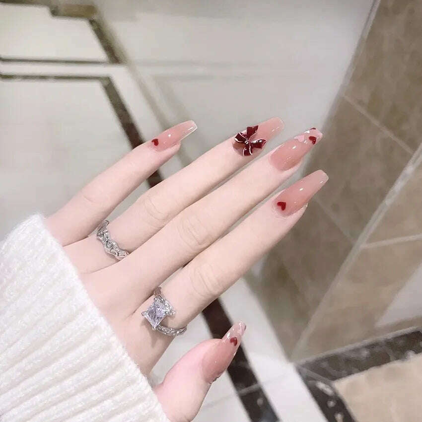 24Pcs/Set Nail Art Fake Nails with Diamonds Pink Silver Glitter Wearing Reusable False Nails Long Ballerina Press on Nail Tips - KIMLUD