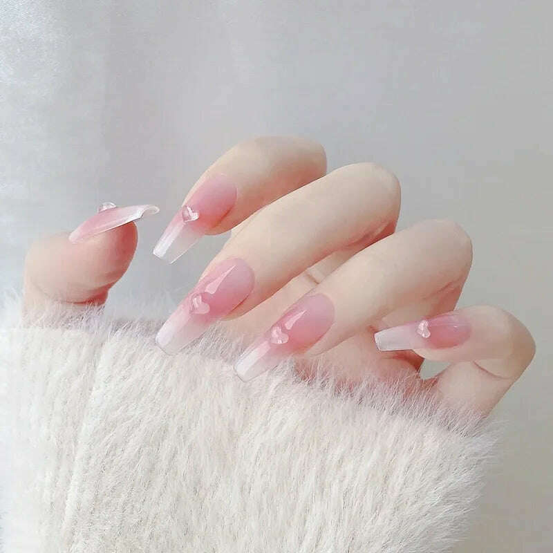 24Pcs/Set Nail Art Fake Nails with Diamonds Pink Silver Glitter Wearing Reusable False Nails Long Ballerina Press on Nail Tips - KIMLUD