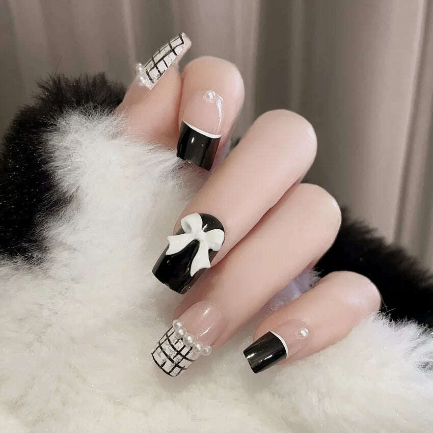 24Pcs/Set Nail Art Fake Nails with Diamonds Pink Silver Glitter Wearing Reusable False Nails Long Ballerina Press on Nail Tips - KIMLUD