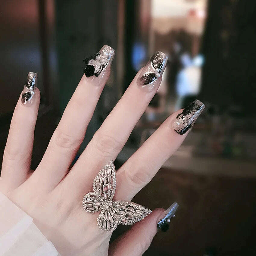 24Pcs/Set Nail Art Fake Nails with Diamonds Pink Silver Glitter Wearing Reusable False Nails Long Ballerina Press on Nail Tips - KIMLUD