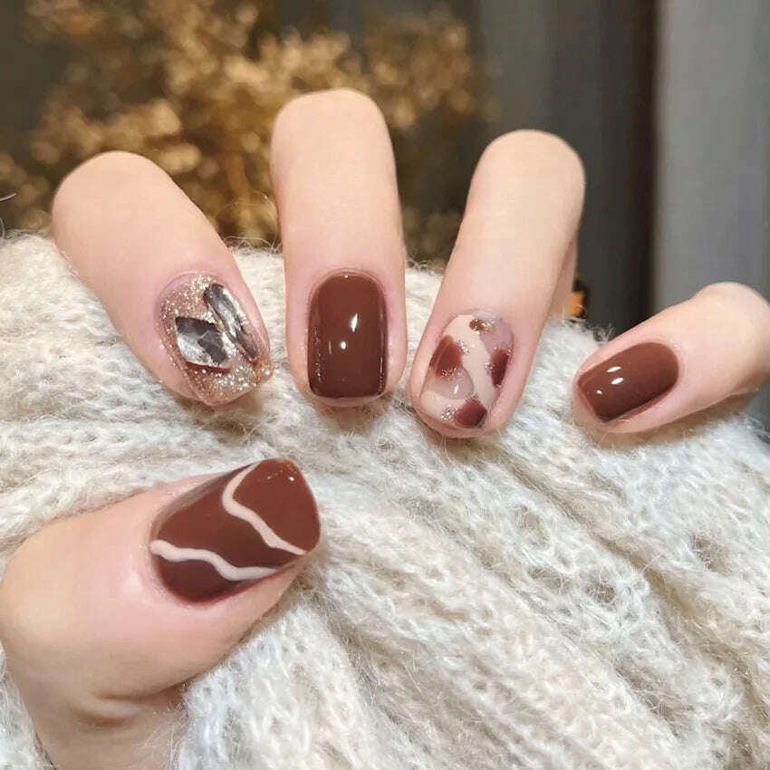 24Pcs/Set Nail Art Fake Nails with Diamonds Pink Silver Glitter Wearing Reusable False Nails Long Ballerina Press on Nail Tips - KIMLUD