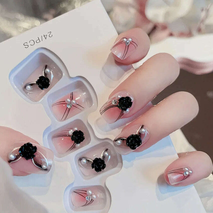 24Pcs/Set Nail Art Fake Nails with Diamonds Pink Silver Glitter Wearing Reusable False Nails Long Ballerina Press on Nail Tips - KIMLUD