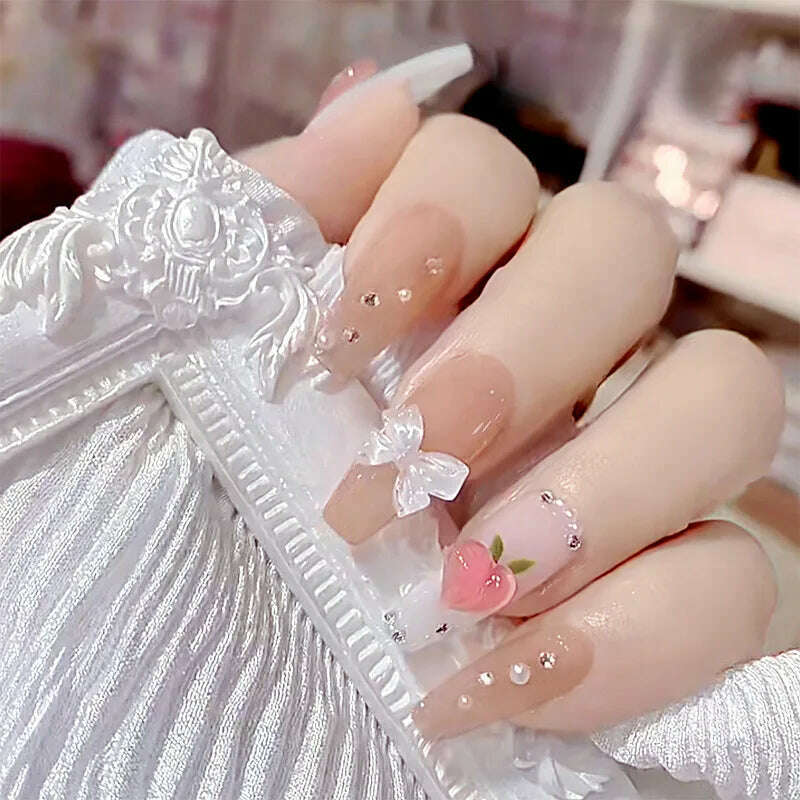 24Pcs/Set Nail Art Fake Nails with Diamonds Pink Silver Glitter Wearing Reusable False Nails Long Ballerina Press on Nail Tips - KIMLUD