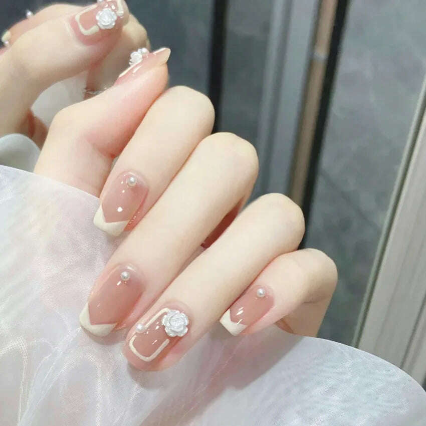24Pcs/Set Nail Art Fake Nails with Diamonds Pink Silver Glitter Wearing Reusable False Nails Long Ballerina Press on Nail Tips - KIMLUD