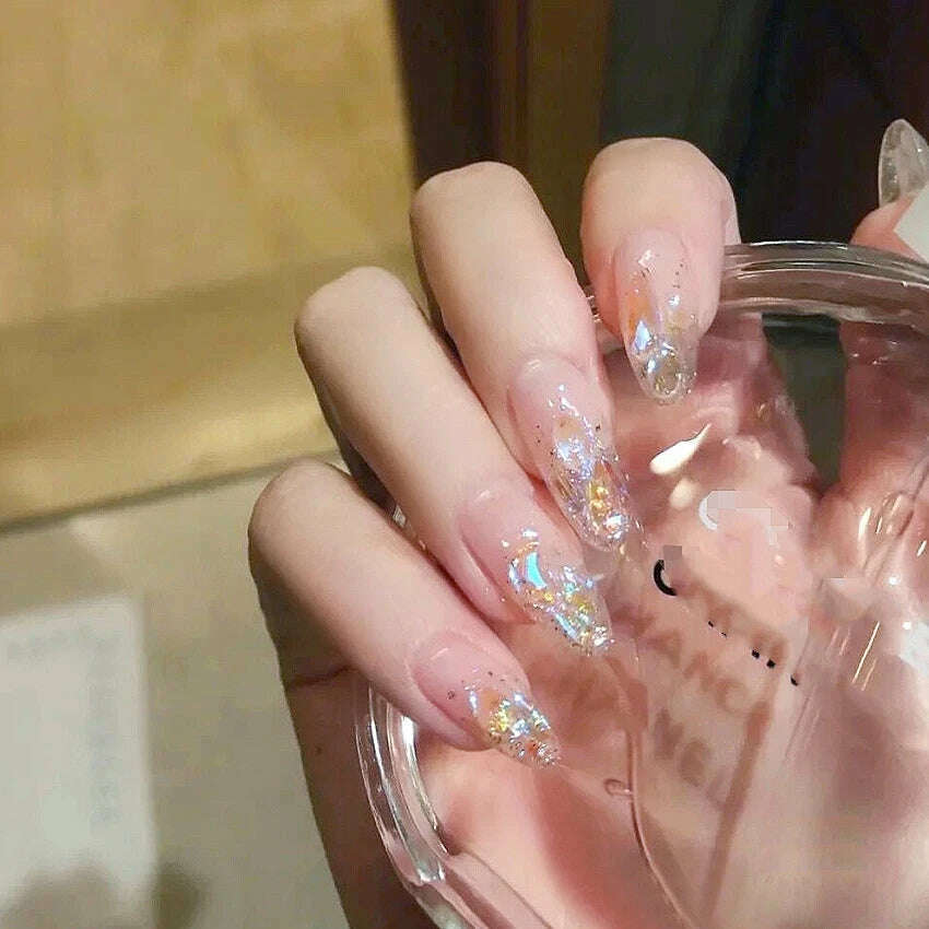 24Pcs/Set Nail Art Fake Nails with Diamonds Pink Silver Glitter Wearing Reusable False Nails Long Ballerina Press on Nail Tips - KIMLUD