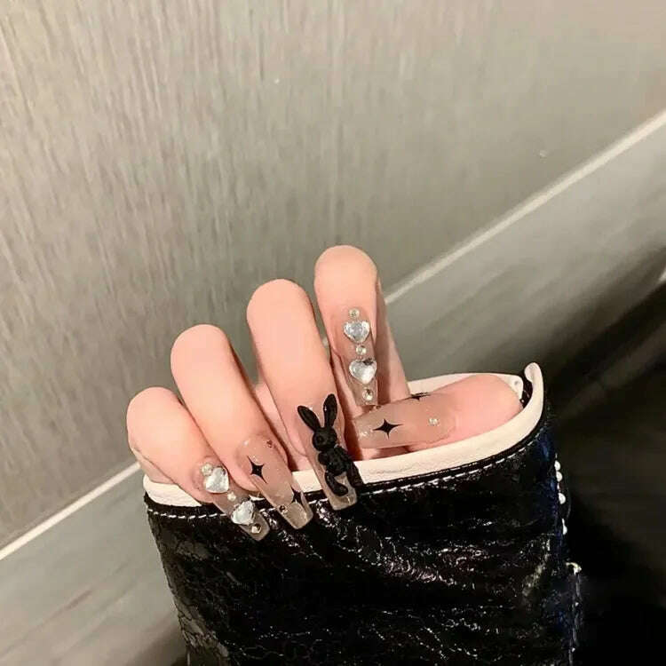 24Pcs/Set Nail Art Fake Nails with Diamonds Pink Silver Glitter Wearing Reusable False Nails Long Ballerina Press on Nail Tips - KIMLUD