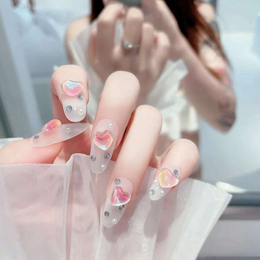 24Pcs/Set Nail Art Fake Nails with Diamonds Pink Silver Glitter Wearing Reusable False Nails Long Ballerina Press on Nail Tips - KIMLUD