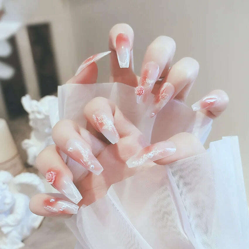 24Pcs/Set Nail Art Fake Nails with Diamonds Pink Silver Glitter Wearing Reusable False Nails Long Ballerina Press on Nail Tips - KIMLUD