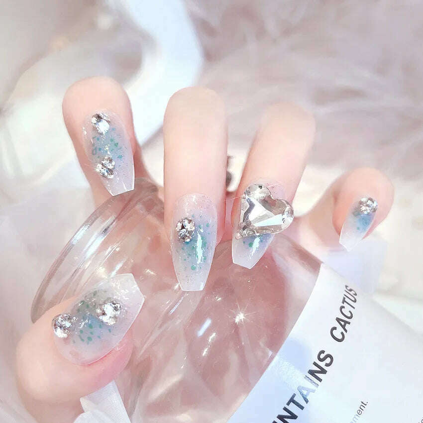 24Pcs/Set Nail Art Fake Nails with Diamonds Pink Silver Glitter Wearing Reusable False Nails Long Ballerina Press on Nail Tips - KIMLUD