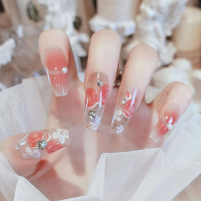 24Pcs/Set Nail Art Fake Nails with Diamonds Pink Silver Glitter Wearing Reusable False Nails Long Ballerina Press on Nail Tips - KIMLUD