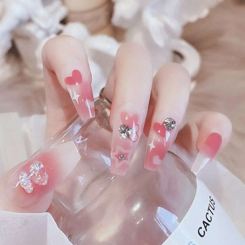 24Pcs/Set Nail Art Fake Nails with Diamonds Pink Silver Glitter Wearing Reusable False Nails Long Ballerina Press on Nail Tips - KIMLUD