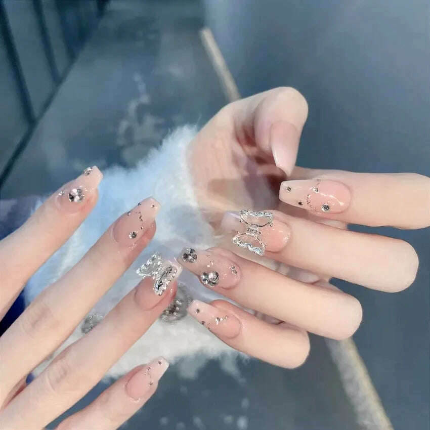 24Pcs/Set Nail Art Fake Nails with Diamonds Pink Silver Glitter Wearing Reusable False Nails Long Ballerina Press on Nail Tips - KIMLUD