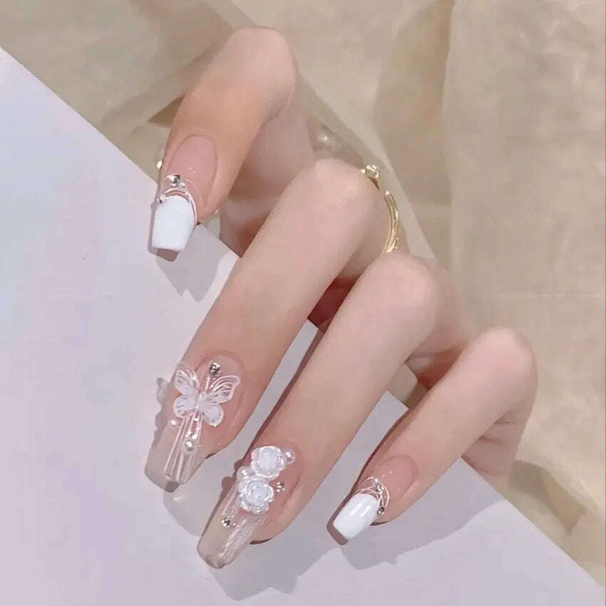 24Pcs/Set Nail Art Fake Nails with Diamonds Pink Silver Glitter Wearing Reusable False Nails Long Ballerina Press on Nail Tips - KIMLUD