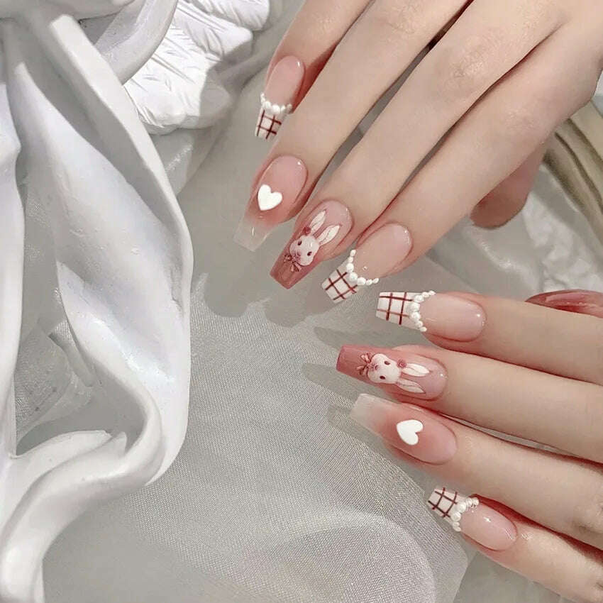 24Pcs/Set Nail Art Fake Nails with Diamonds Pink Silver Glitter Wearing Reusable False Nails Long Ballerina Press on Nail Tips - KIMLUD