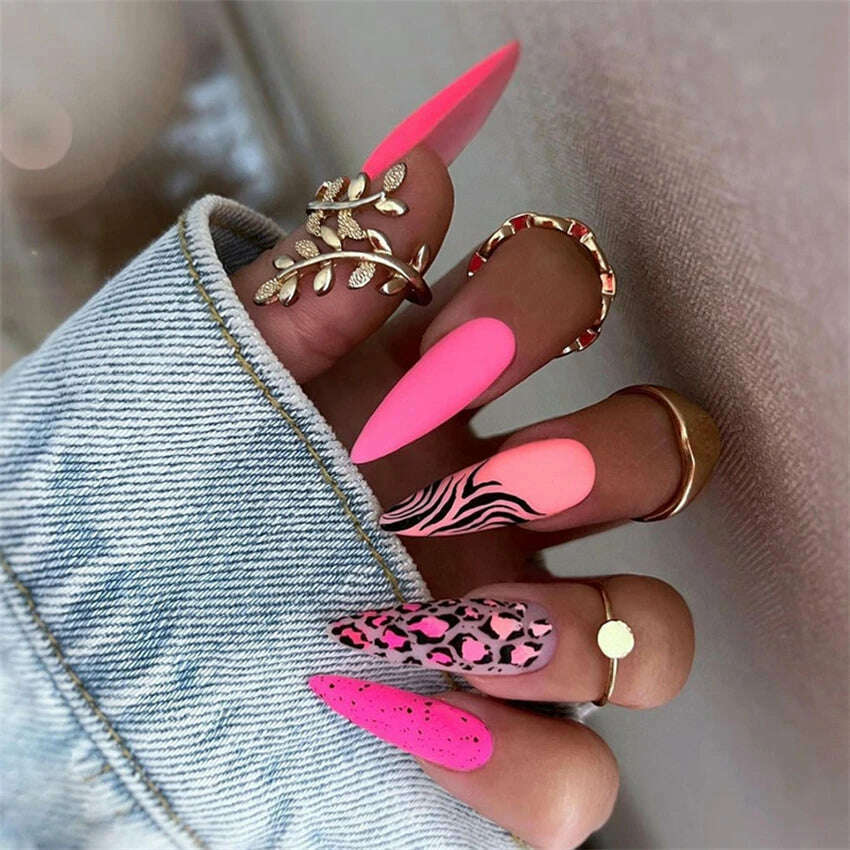 24Ps/Set Square Head Coffin Wearing False Nails Art Pink Matte French Fake Nails Leopard Artificial Acrylic White Press on Nails - KIMLUD