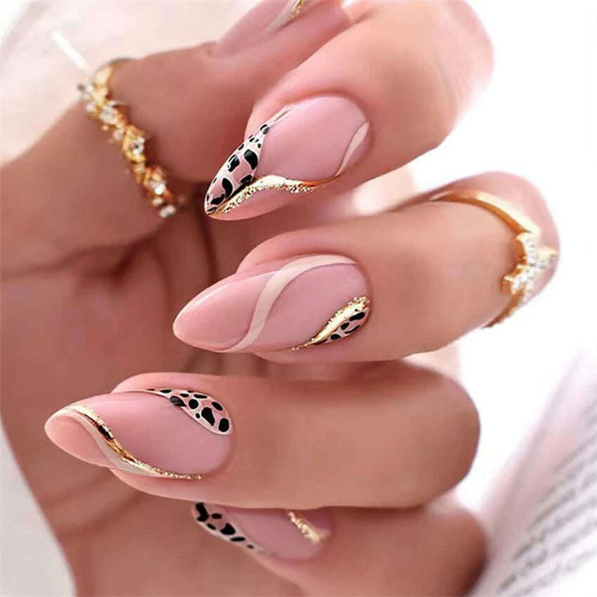 24Ps/Set Square Head Coffin Wearing False Nails Art Pink Matte French Fake Nails Leopard Artificial Acrylic White Press on Nails - KIMLUD