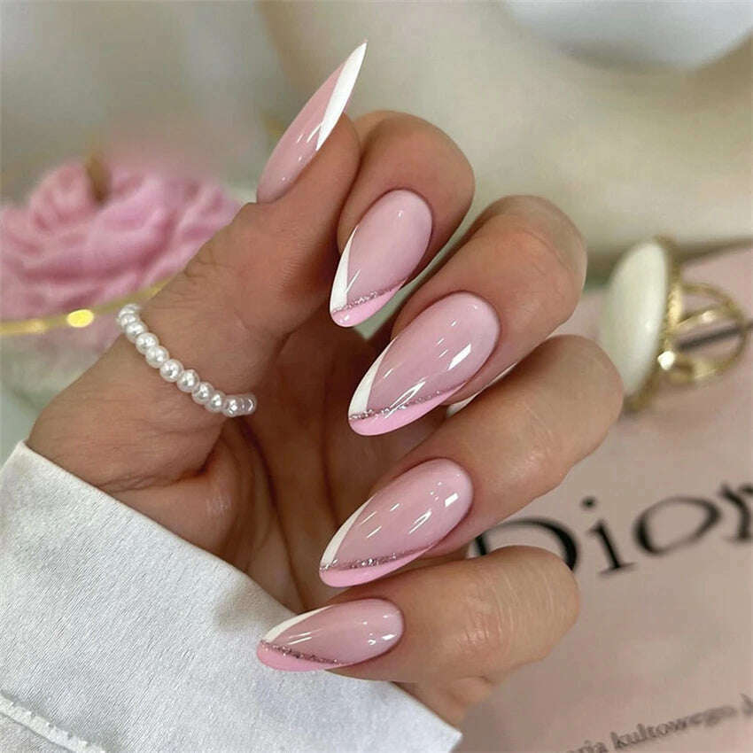 24Ps/Set Square Head Coffin Wearing False Nails Art Pink Matte French Fake Nails Leopard Artificial Acrylic White Press on Nails - KIMLUD
