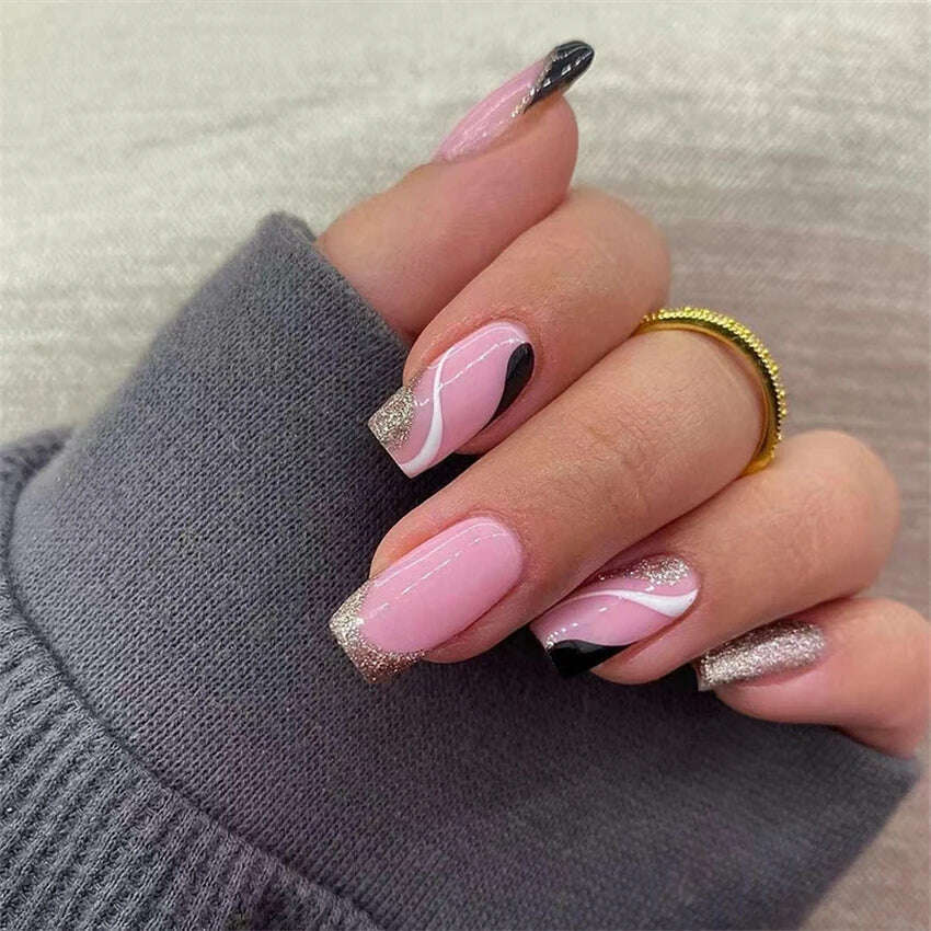 24Ps/Set Square Head Coffin Wearing False Nails Art Pink Matte French Fake Nails Leopard Artificial Acrylic White Press on Nails - KIMLUD
