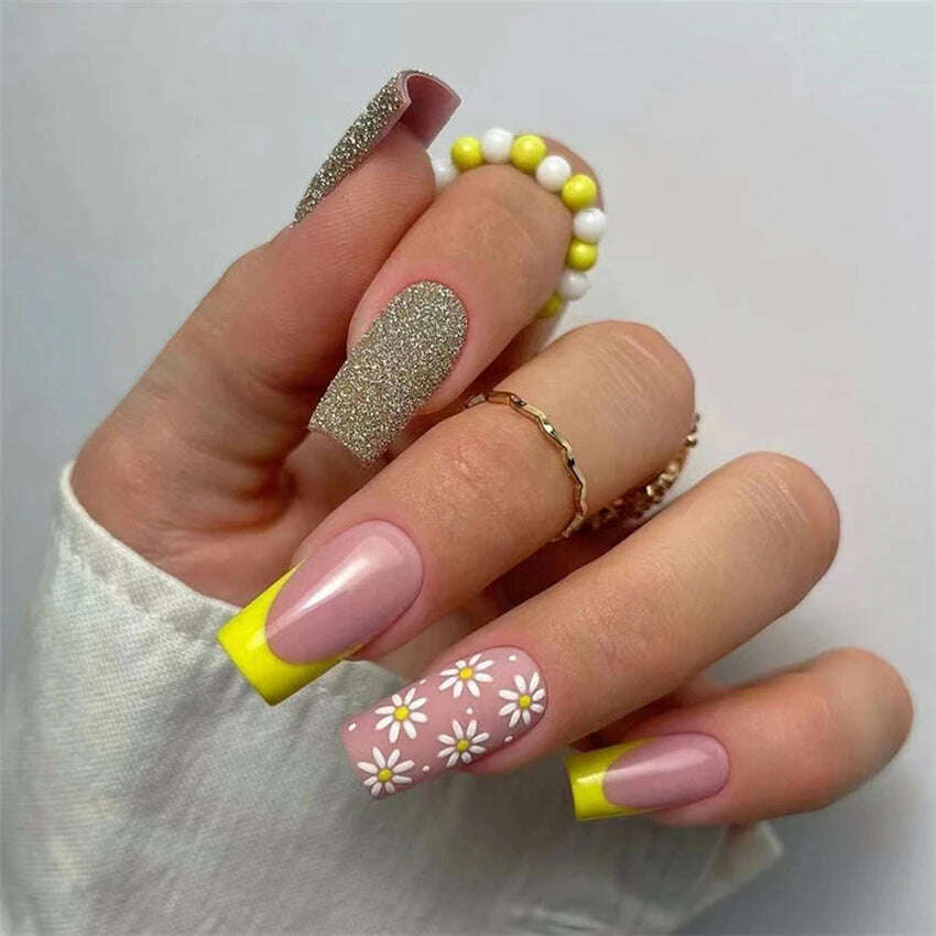 24Ps/Set Square Head Coffin Wearing False Nails Art Pink Matte French Fake Nails Leopard Artificial Acrylic White Press on Nails - KIMLUD