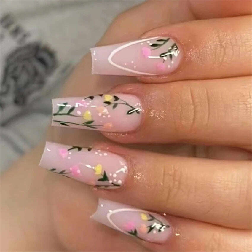 24Ps/Set Square Head Coffin Wearing False Nails Art Pink Matte French Fake Nails Leopard Artificial Acrylic White Press on Nails - KIMLUD