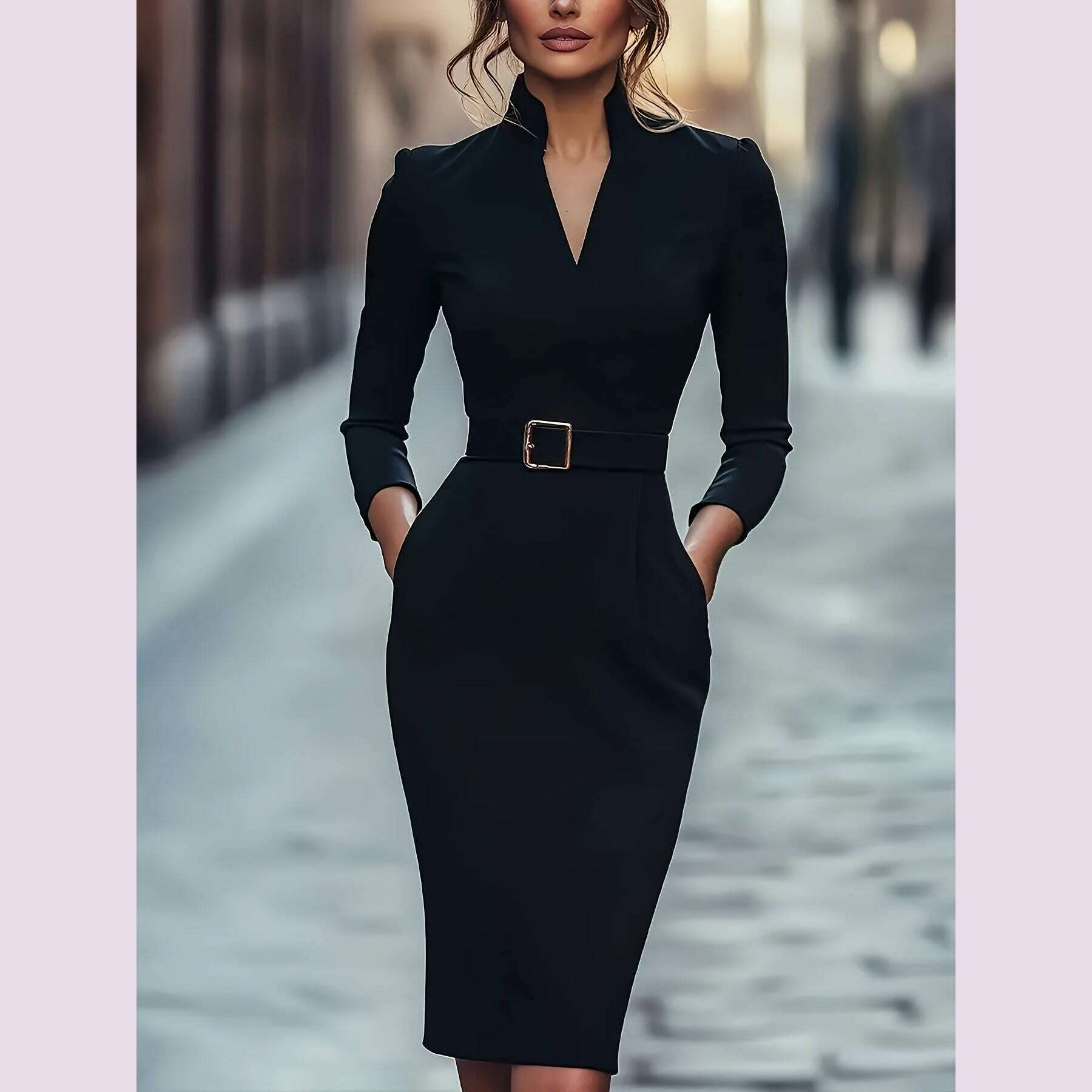 knee length business casual dress Elegant Black Dress] Elegant Black Long Sleeve Dress With Pockets & Belted  Waist - V-Neck, Knee-Length, Perfect For Casual Or Business Wear, Tailored  Fit, All-Season Versatility, Business Casual Dress
