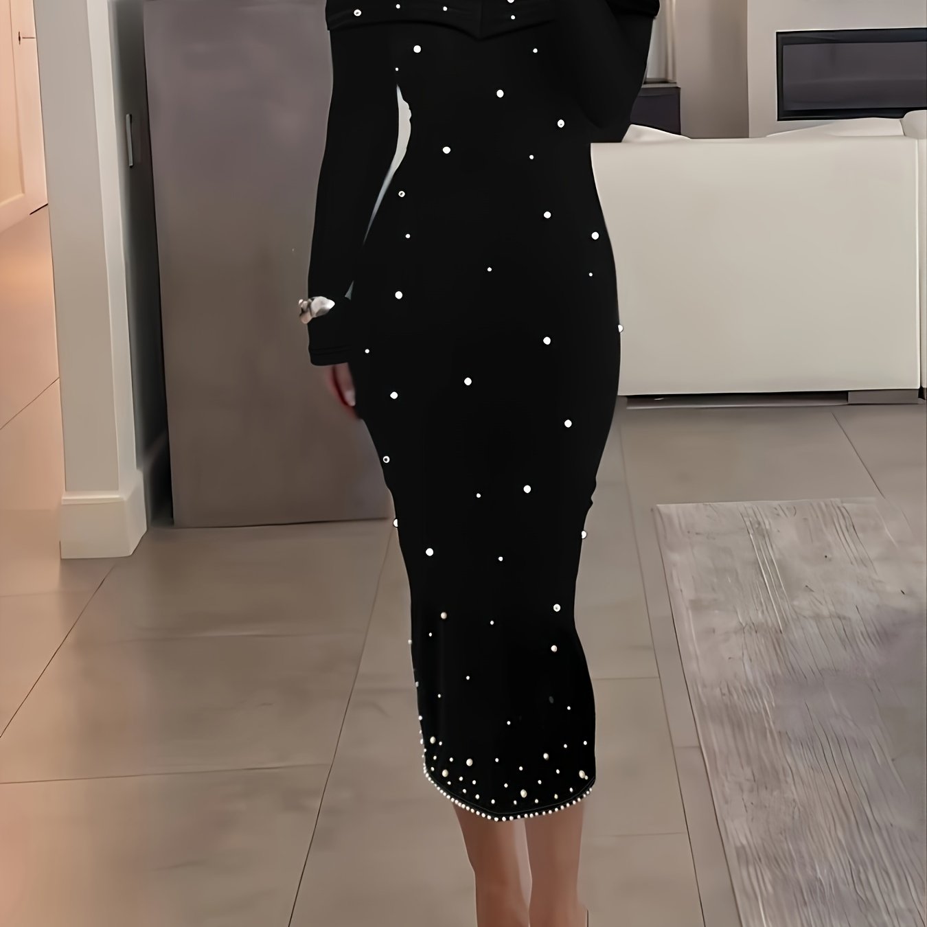 Beaded Decor Off Shoulder Dress, Elegant Long Sleeve Backless Slim Bodycon Dress, Women's Clothing