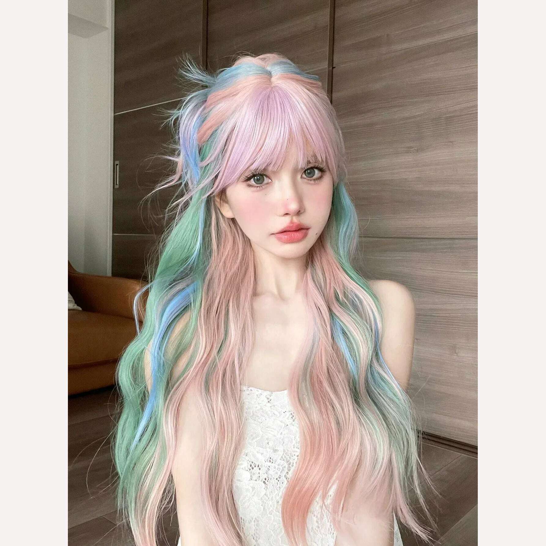 28Inch Iridescent Rainbow Color Multicolour Synthetic Wigs with Bang Long Natural Wavy Hair Wig for Women Cosplay Heat Resistant - KIMLUD