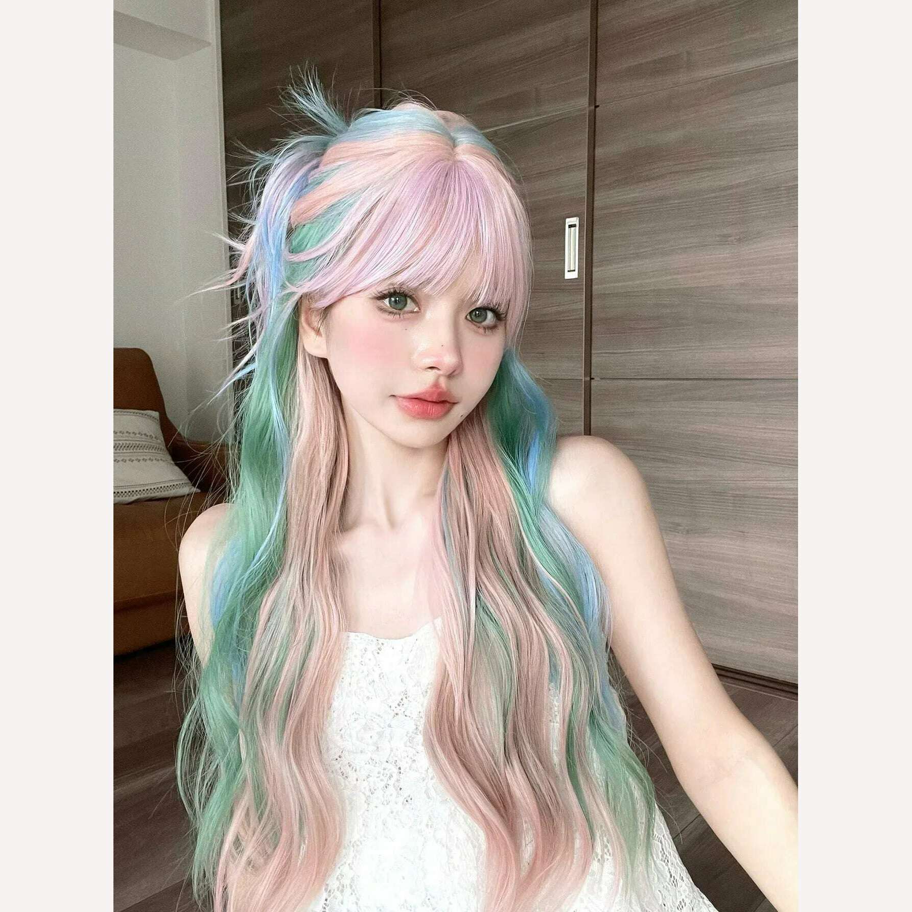28Inch Iridescent Rainbow Color Multicolour Synthetic Wigs with Bang Long Natural Wavy Hair Wig for Women Cosplay Heat Resistant - KIMLUD