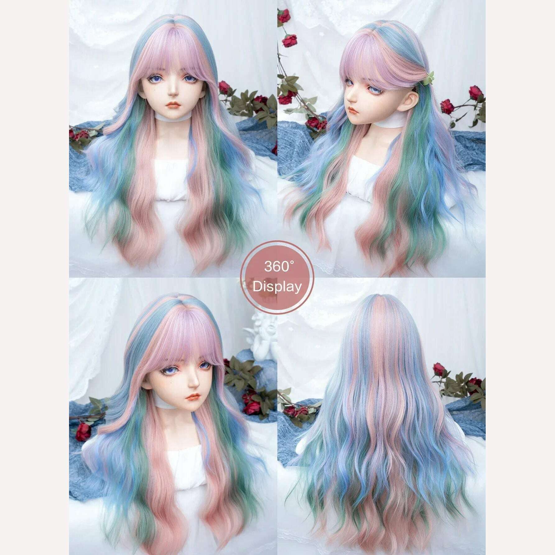 28Inch Iridescent Rainbow Color Multicolour Synthetic Wigs with Bang Long Natural Wavy Hair Wig for Women Cosplay Heat Resistant - KIMLUD