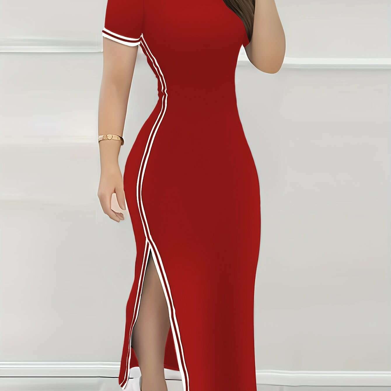 contrast-trim-split-hem-bodycon-dress-elegant-crew-neck-short-sleeve-dress-for-spring-summer-womens-clothingkimlud-womens-fashion-34625811