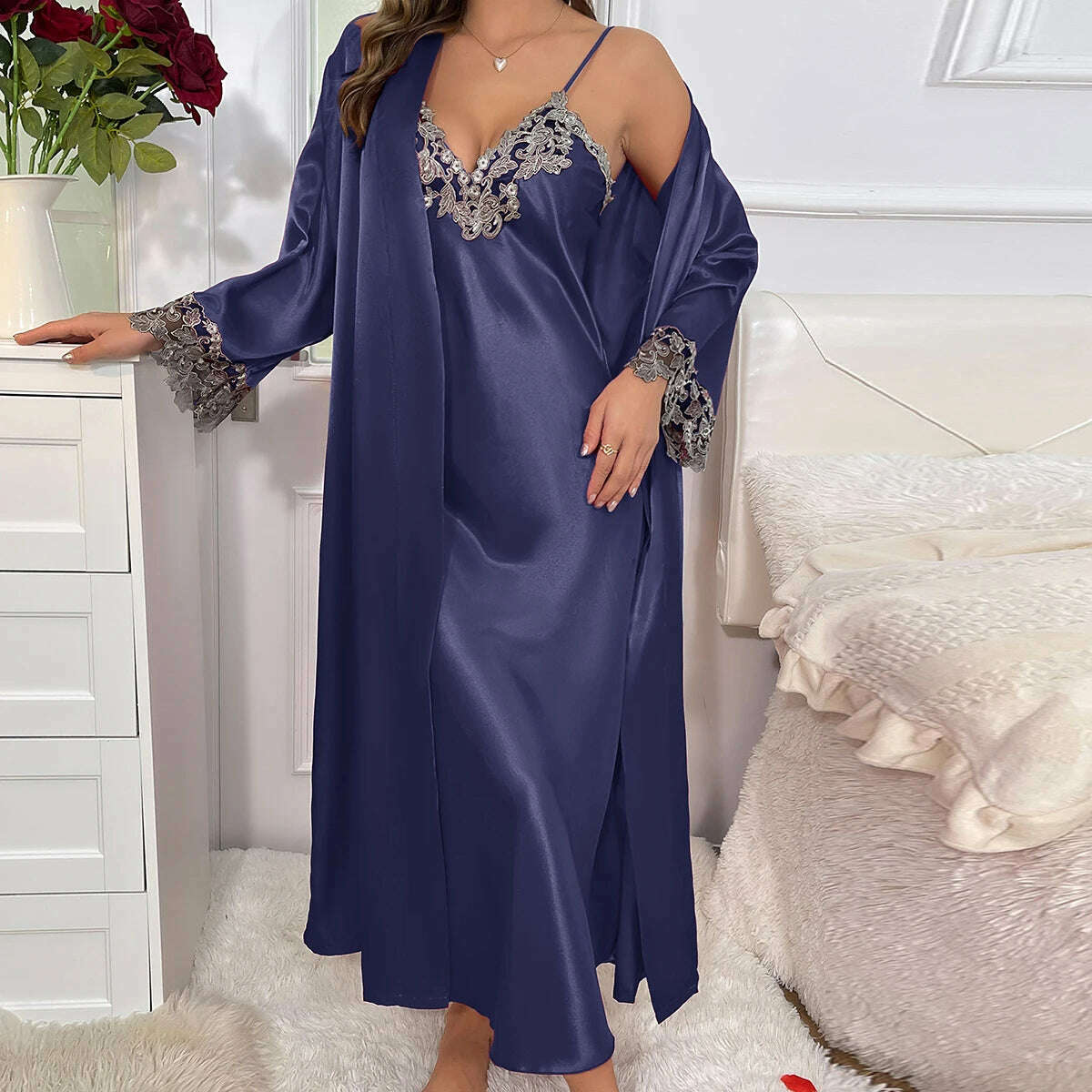 KIMLUD, 2cs Contrast Lace  Long Sleeve Belted Robe V Neck Slip Dress Sexy Elegant Women Pajamas  Sets, Navy / XL, KIMLUD Womens Clothes