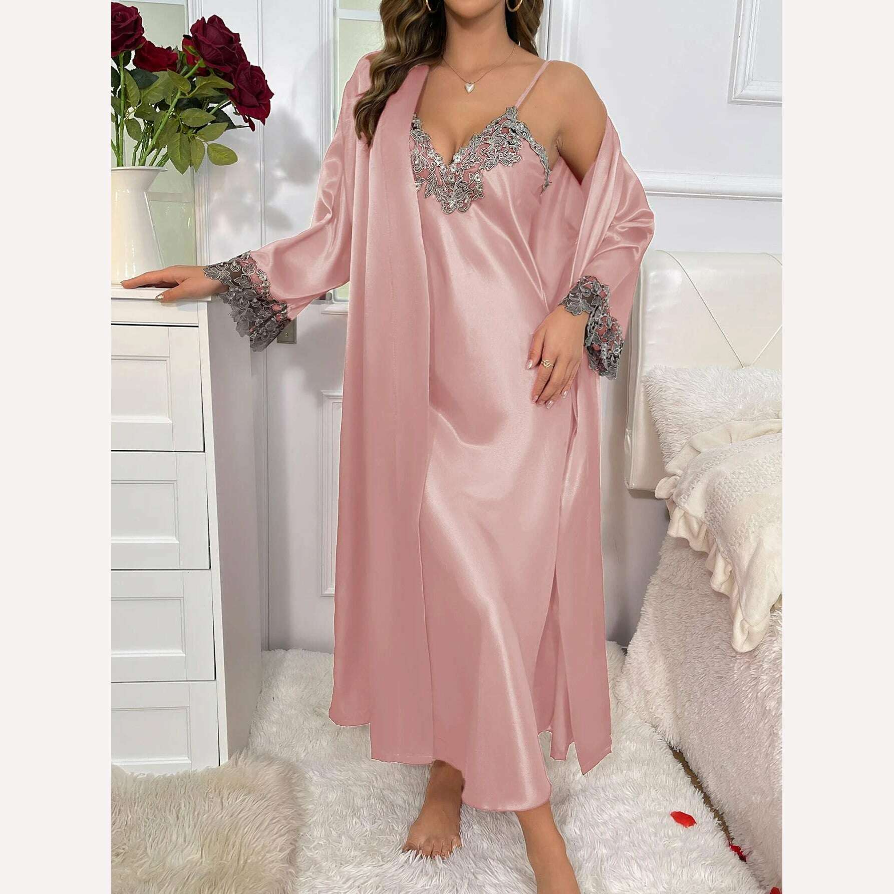KIMLUD, 2cs Contrast Lace  Long Sleeve Belted Robe V Neck Slip Dress Sexy Elegant Women Pajamas  Sets, Pink / XL, KIMLUD Womens Clothes
