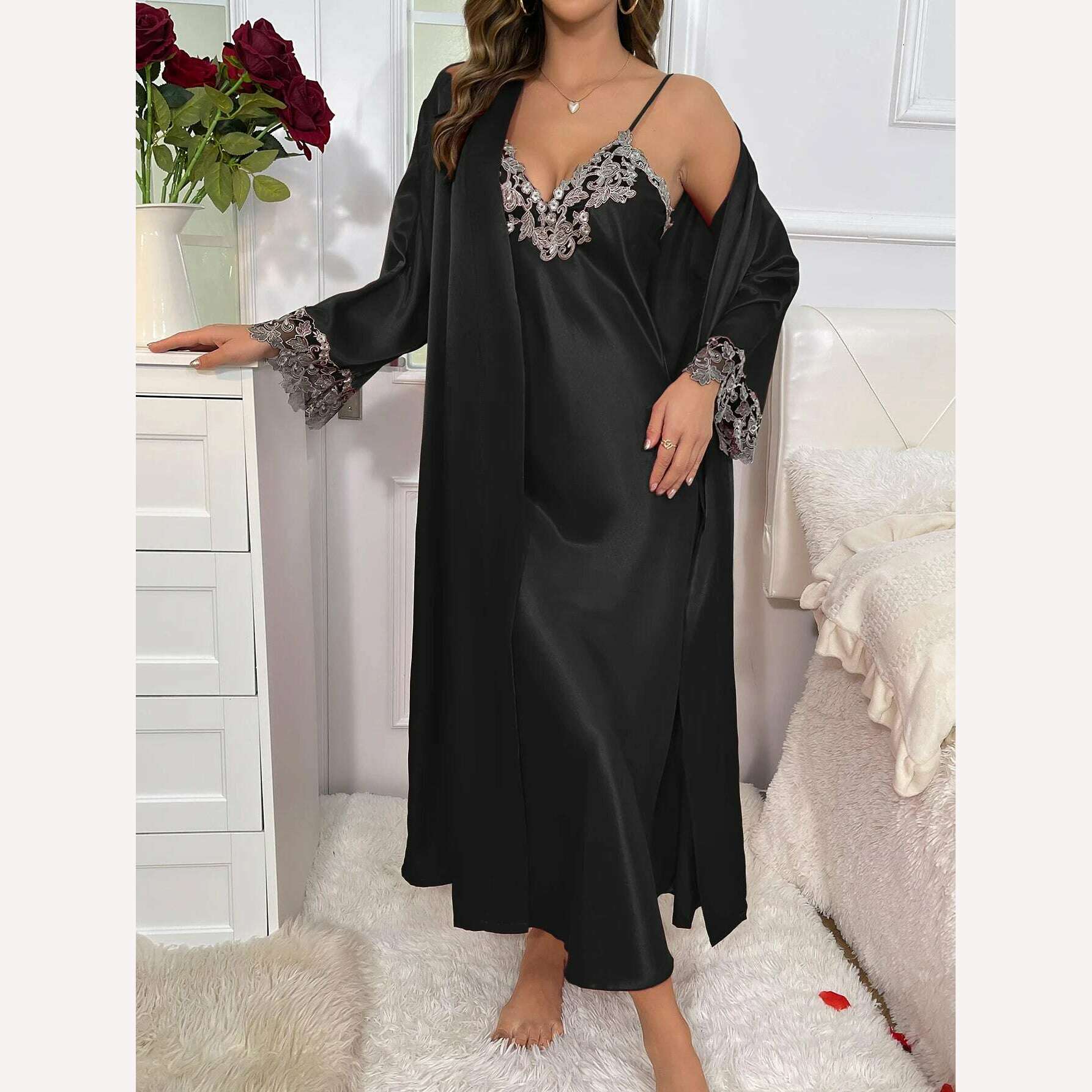 KIMLUD, 2cs Contrast Lace  Long Sleeve Belted Robe V Neck Slip Dress Sexy Elegant Women Pajamas  Sets, black / XL, KIMLUD Womens Clothes