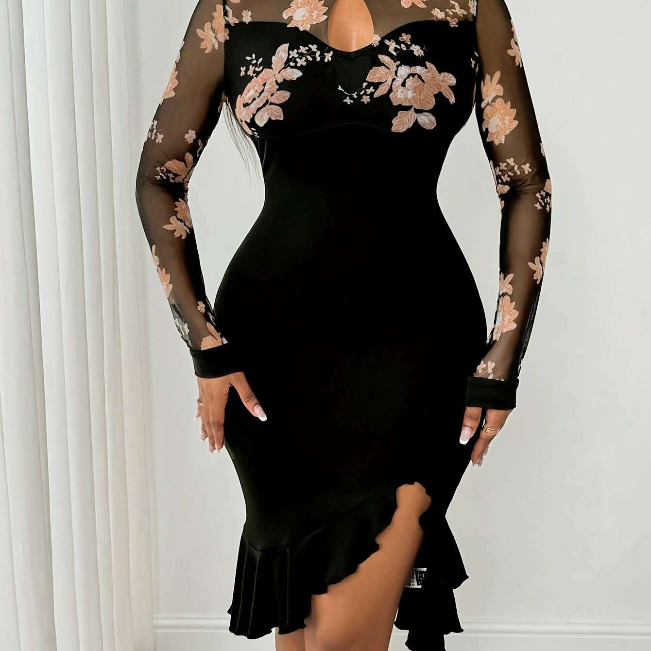 floral-ruffle-bodycon-dress-long-sleeve-black-floral-mesh-panel-ruffle-asymmetrical-hem-bodycon-dress---machine-washable-polyester-blend-party-attirekimlud-womens-fashion-34625745