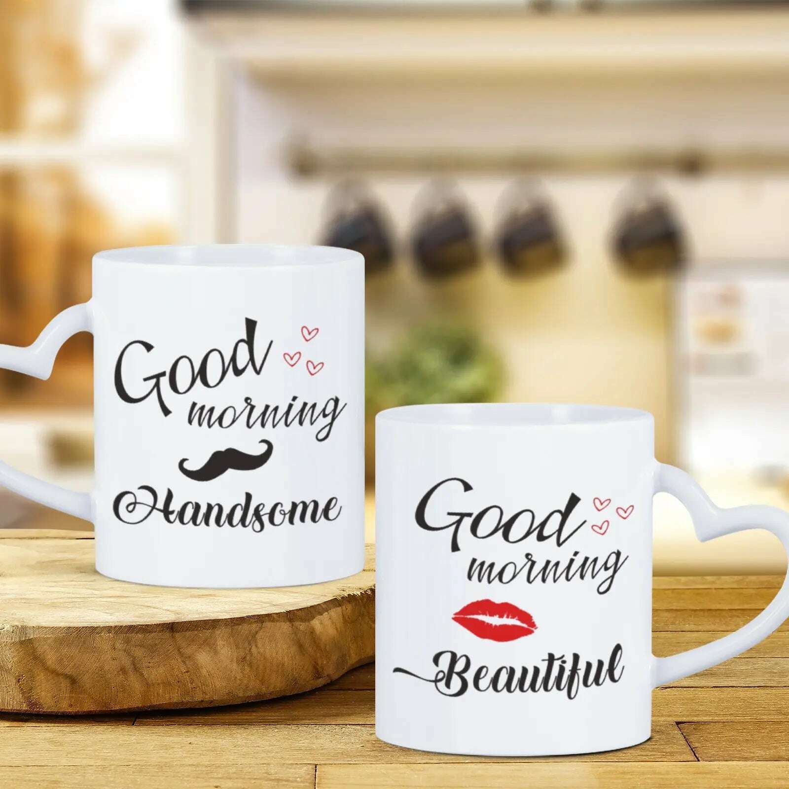 2pc 11oz Good Morning Beautiful Handsome Ceramic Coffee Mug Couples Sets Funny His Her Gifts Husband Wife Anniversary Presents - KIMLUD