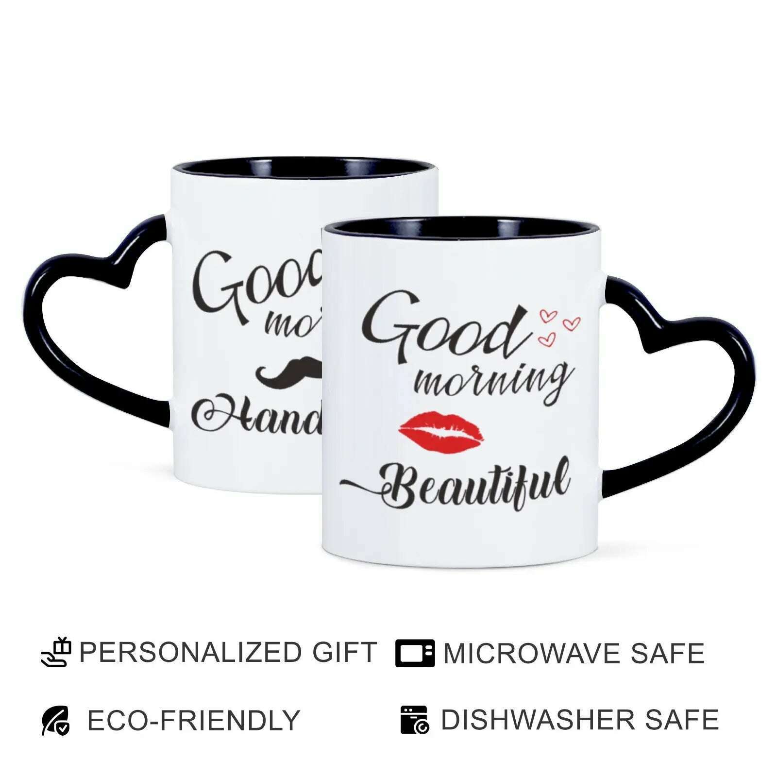 2pc 11oz Good Morning Beautiful Handsome Ceramic Coffee Mug Couples Sets Funny His Her Gifts Husband Wife Anniversary Presents - KIMLUD