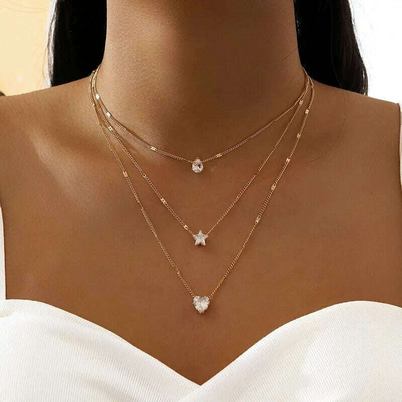KIMLUD, 3 Pcs Gold-Color Simple Multilayered Pendant Necklace For Girls Women Star Heart Shaped Pendant Necklace Jewelry For Birthday Gi, KIMLUD Womens Clothes