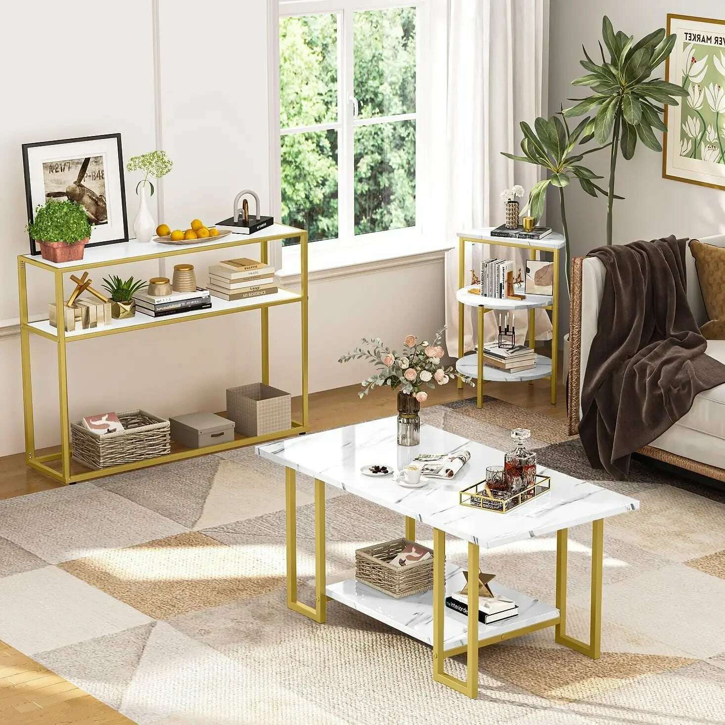 KIMLUD, 3 Pieces Modern Coffee Set, with End Table and Console Table, Contemporary Faux Marble Living Room Table Sets, White&Gold, KIMLUD Womens Clothes