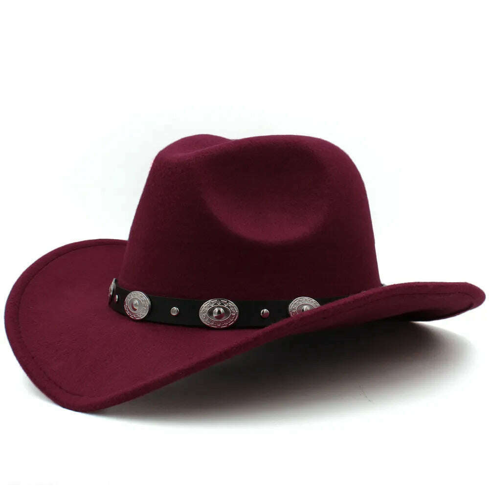 KIMLUD, 3 Sizes Parent-child Men Women Kids Western Cowboy Hats Wide Brim Panama Sunhats Fedora Caps Trilby Jazz Sombrero Travel Party, Wine Red / 53-54CM, KIMLUD Womens Clothes