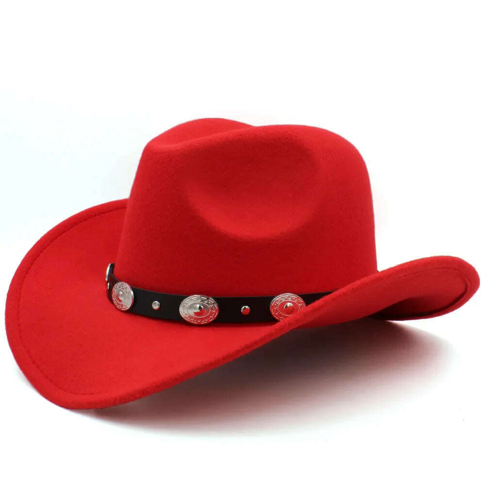KIMLUD, 3 Sizes Parent-child Men Women Kids Western Cowboy Hats Wide Brim Panama Sunhats Fedora Caps Trilby Jazz Sombrero Travel Party, Red / 53-54CM, KIMLUD Womens Clothes