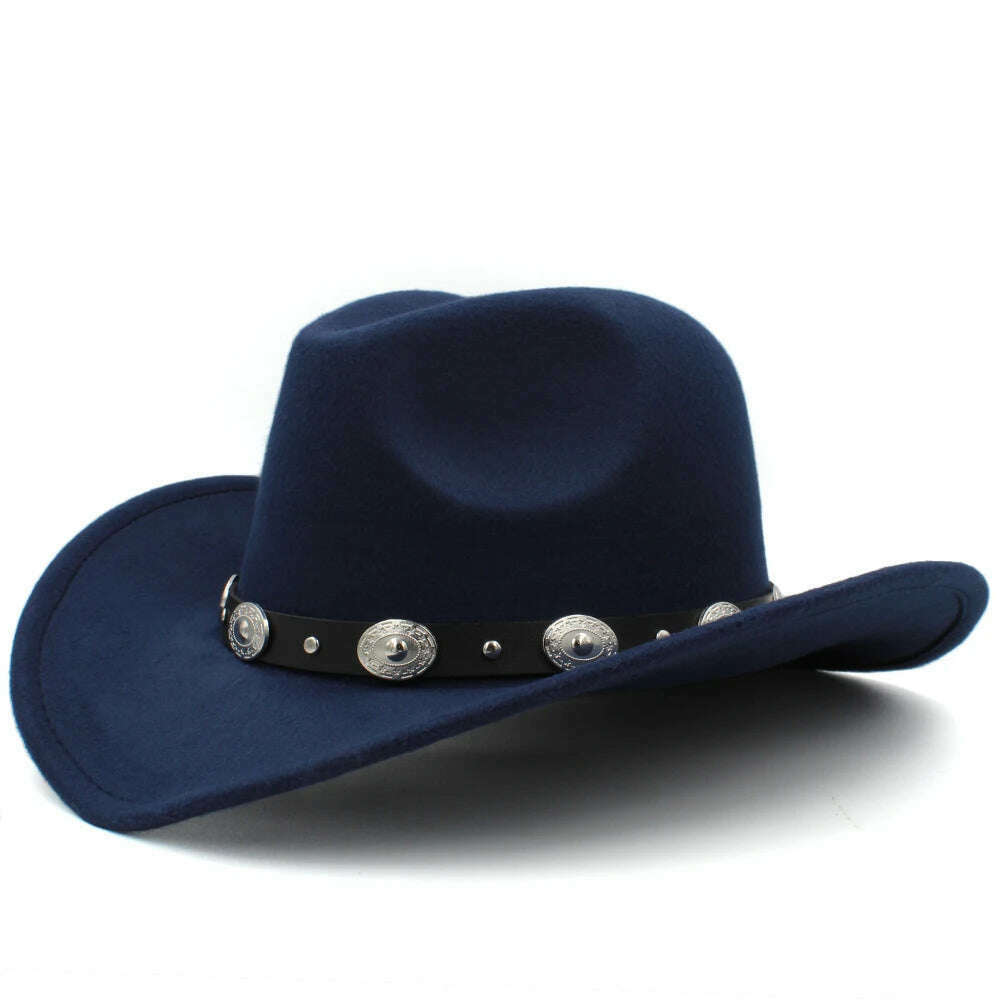 KIMLUD, 3 Sizes Parent-child Men Women Kids Western Cowboy Hats Wide Brim Panama Sunhats Fedora Caps Trilby Jazz Sombrero Travel Party, Navy Blue / 53-54CM, KIMLUD Womens Clothes