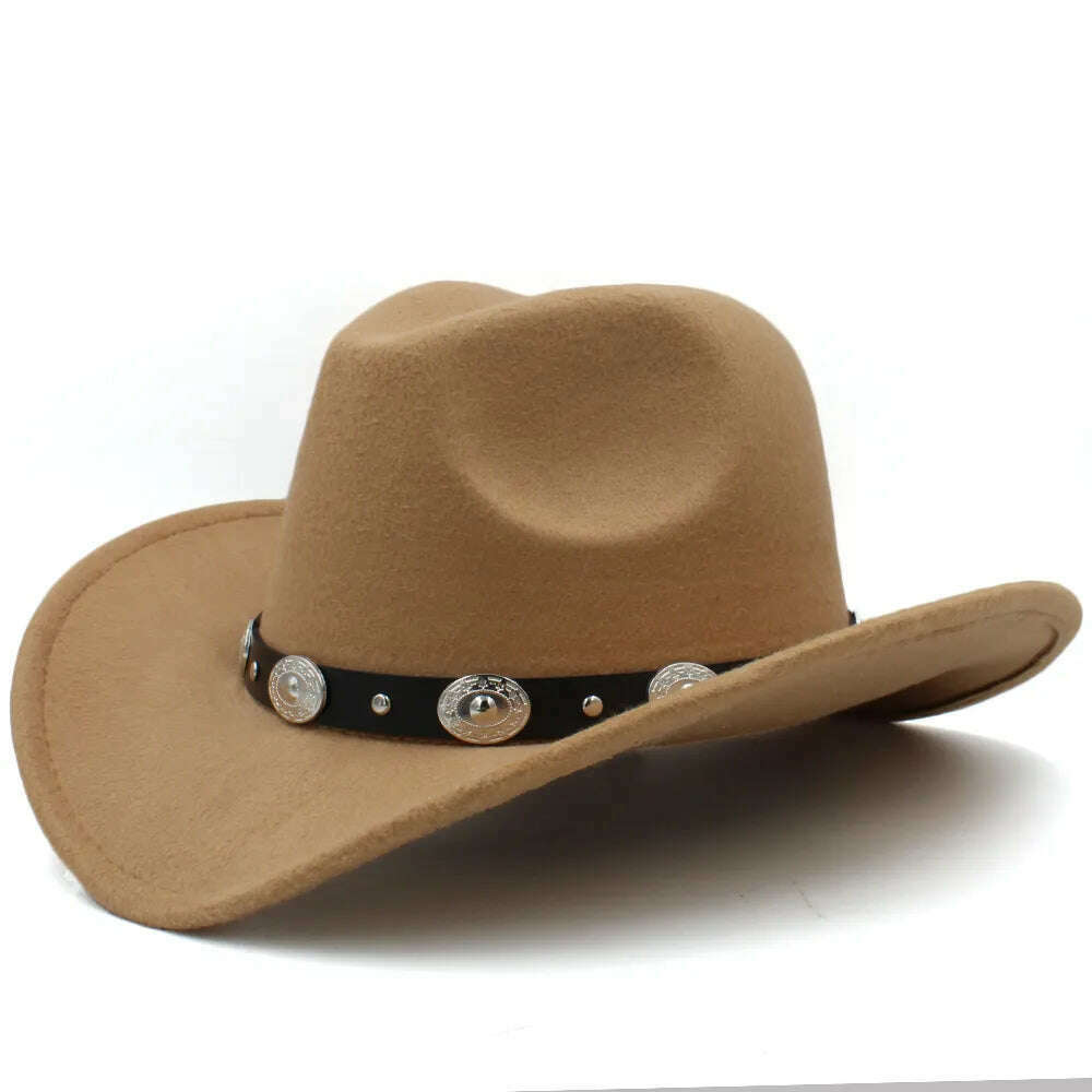 KIMLUD, 3 Sizes Parent-child Men Women Kids Western Cowboy Hats Wide Brim Panama Sunhats Fedora Caps Trilby Jazz Sombrero Travel Party, camel / 53-54CM, KIMLUD Womens Clothes