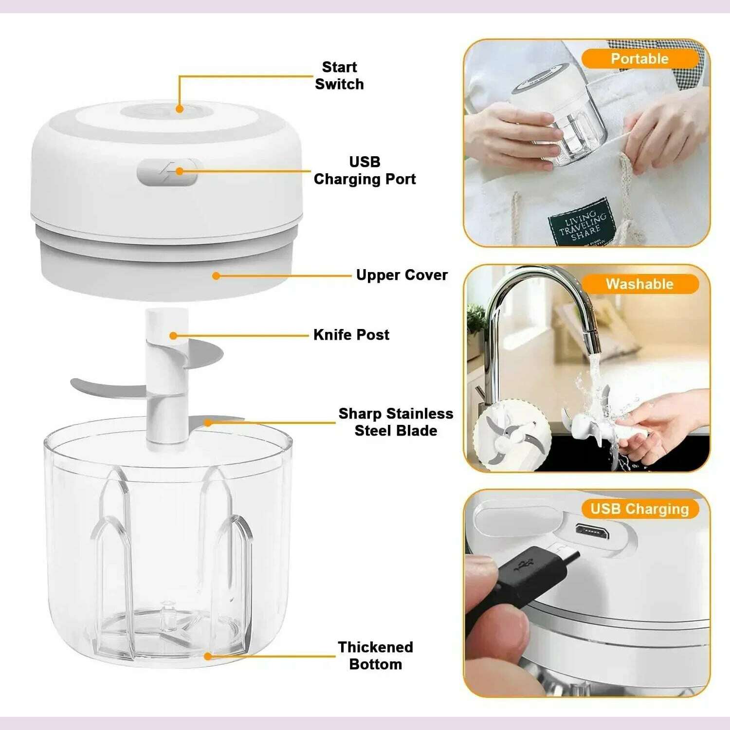 KIMLUD, 300ML Electric Garlic Chopper USB Charging Food Vegetable Meat Crusher Stainless Steel Mini Chili Garlic Masher Kitchen Gadgets, KIMLUD Womens Clothes