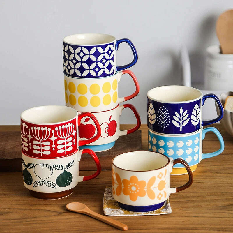 KIMLUD, 300ml Japanese Flower Coffee Mug Set Retro Ceramic Milk Oats Mug Office Water Handgrip Cup Kitchen Party Drinkware Set, KIMLUD Womens Clothes