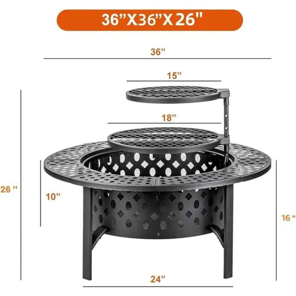 KIMLUD, 36 Inch Three in One Fire Pit with 2 Grills, Outdoor Wood Burning Fire Pit with Cover, Matchstick, and Circular Waterproof Cover, KIMLUD Womens Clothes