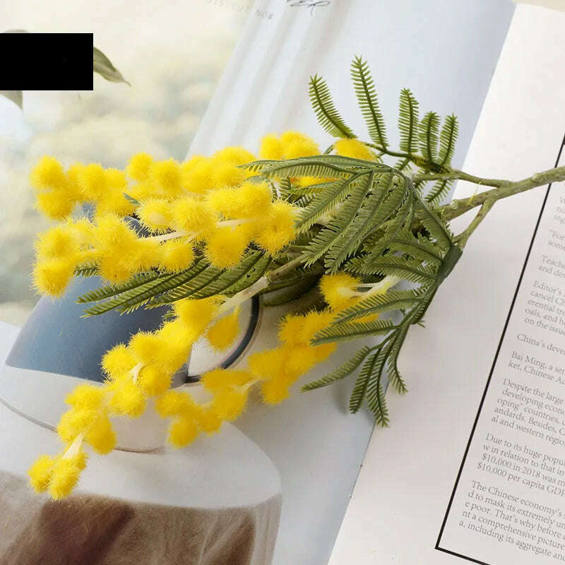 38cm Fake Acacia Artificial Flowers Yellow Mimosa Spray Cherry Fruit Branch Wedding Home Table Decoration Fake Flower - KIMLUD