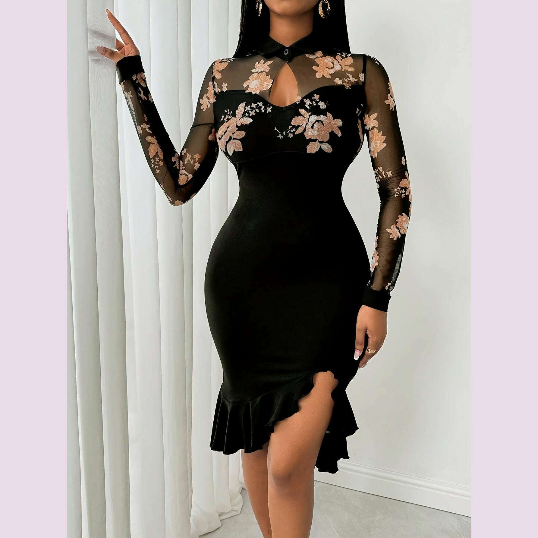 floral-ruffle-bodycon-dress-long-sleeve-black-floral-mesh-panel-ruffle-asymmetrical-hem-bodycon-dress---machine-washable-polyester-blend-party-attirekimlud-womens-fashion-34625742