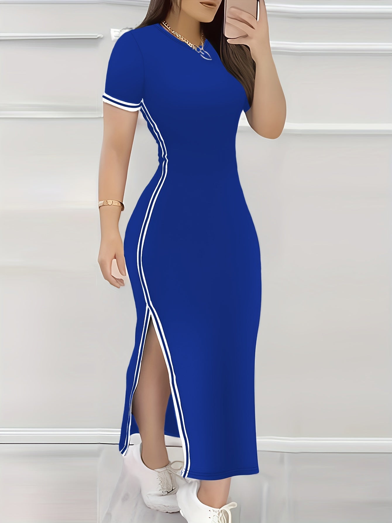 Contrast Trim Split Hem Bodycon Dress, Elegant Crew Neck Short Sleeve Dress For Spring & Summer, Women's Clothing
